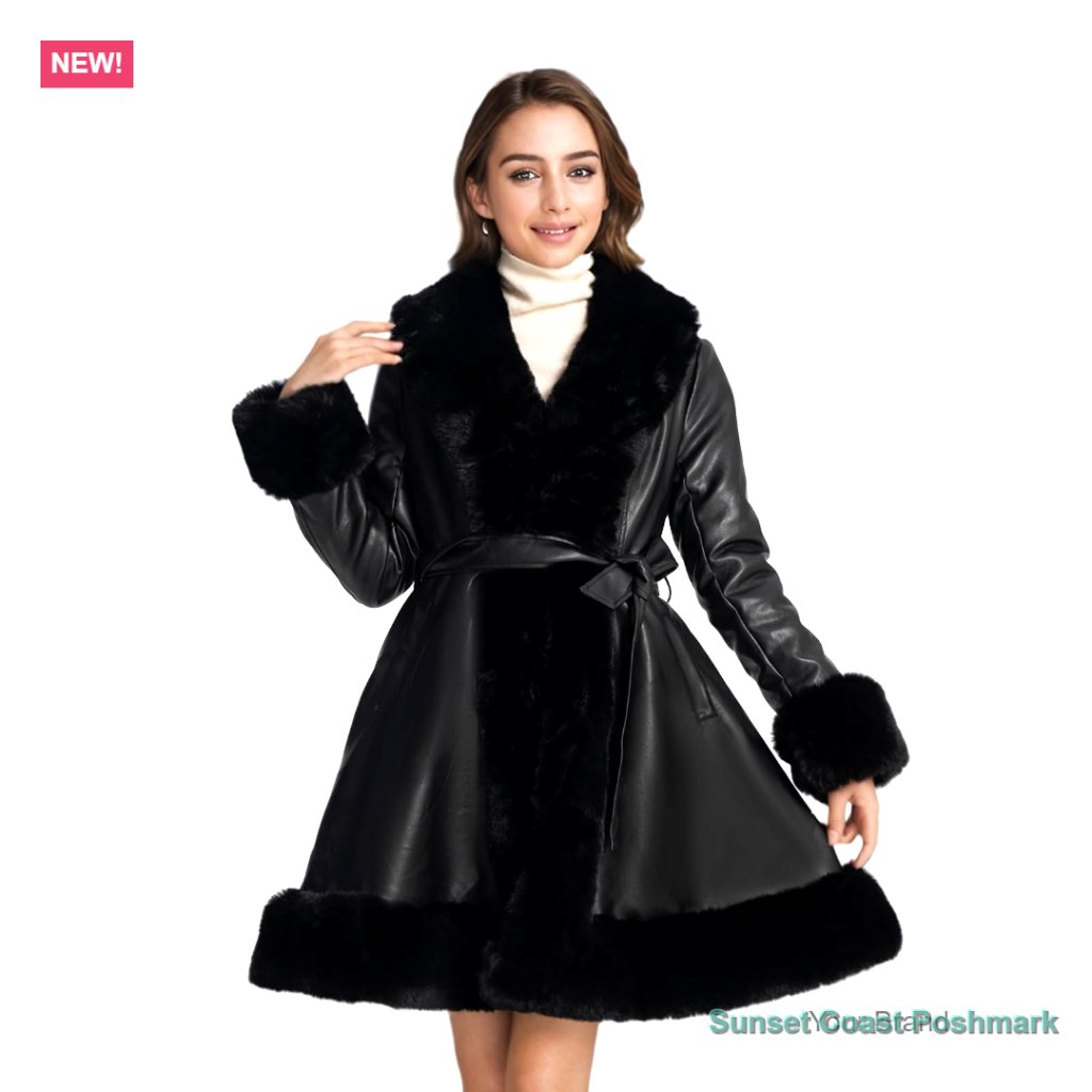 Faux Leather Wrap Coat With Faux Fur Trim Black Fit & Flare Retro New